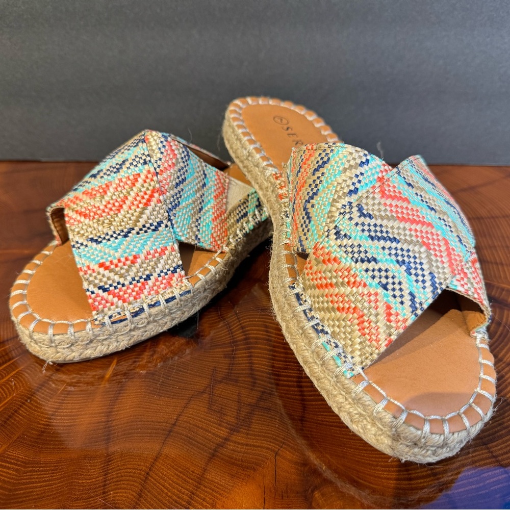 Serra Woven Sandals / Espadrilles  coral navy blue seafoam green and tan size 7